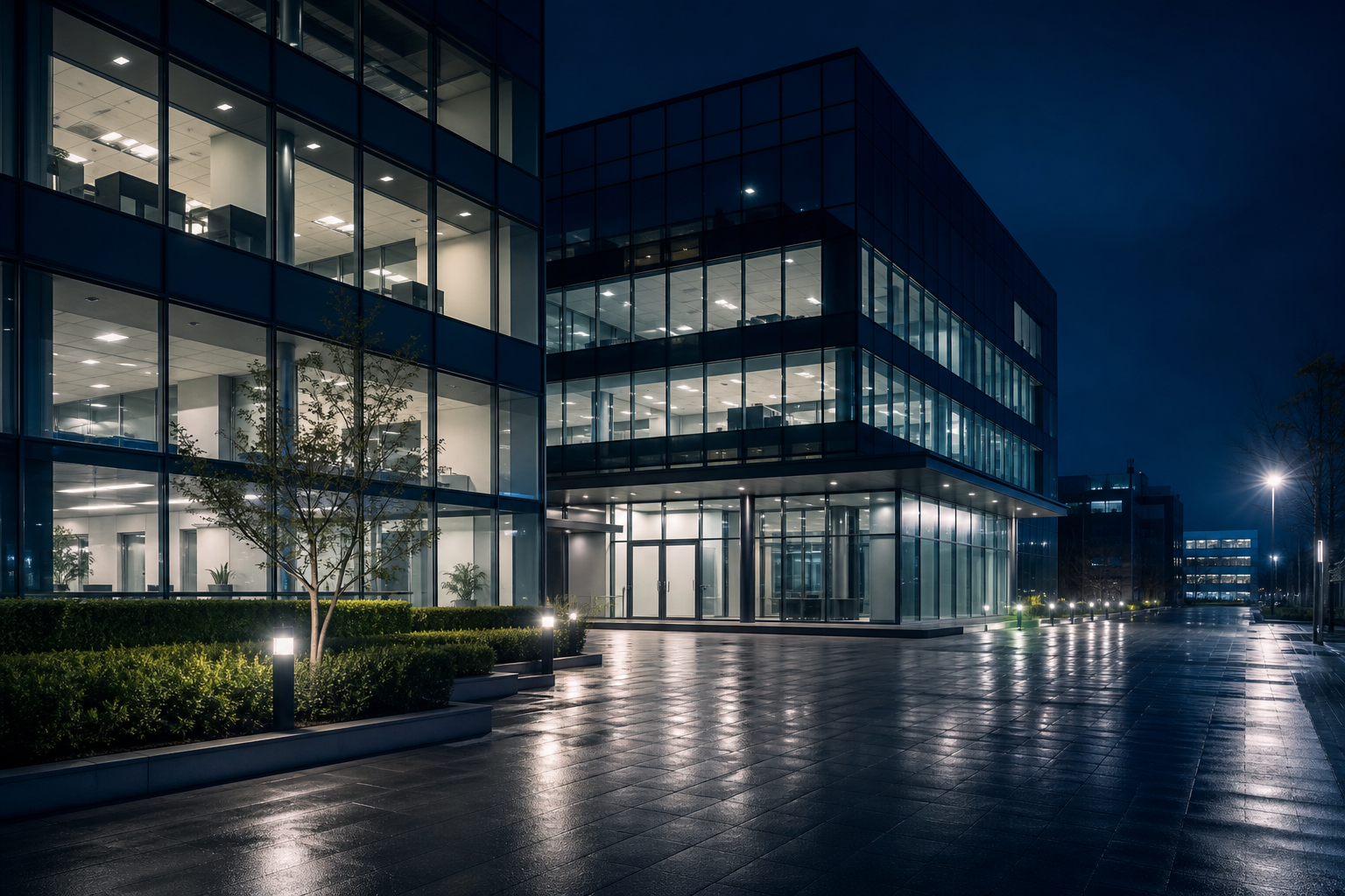 Commercial office building with interior lights on at night indicating after-hours facility service in progress