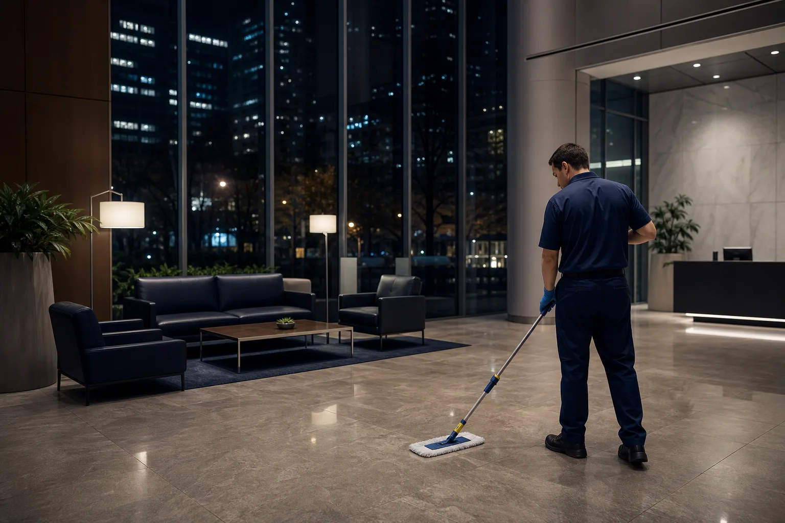 Janitorial team servicing a commercial office lobby during after hours evening cleaning