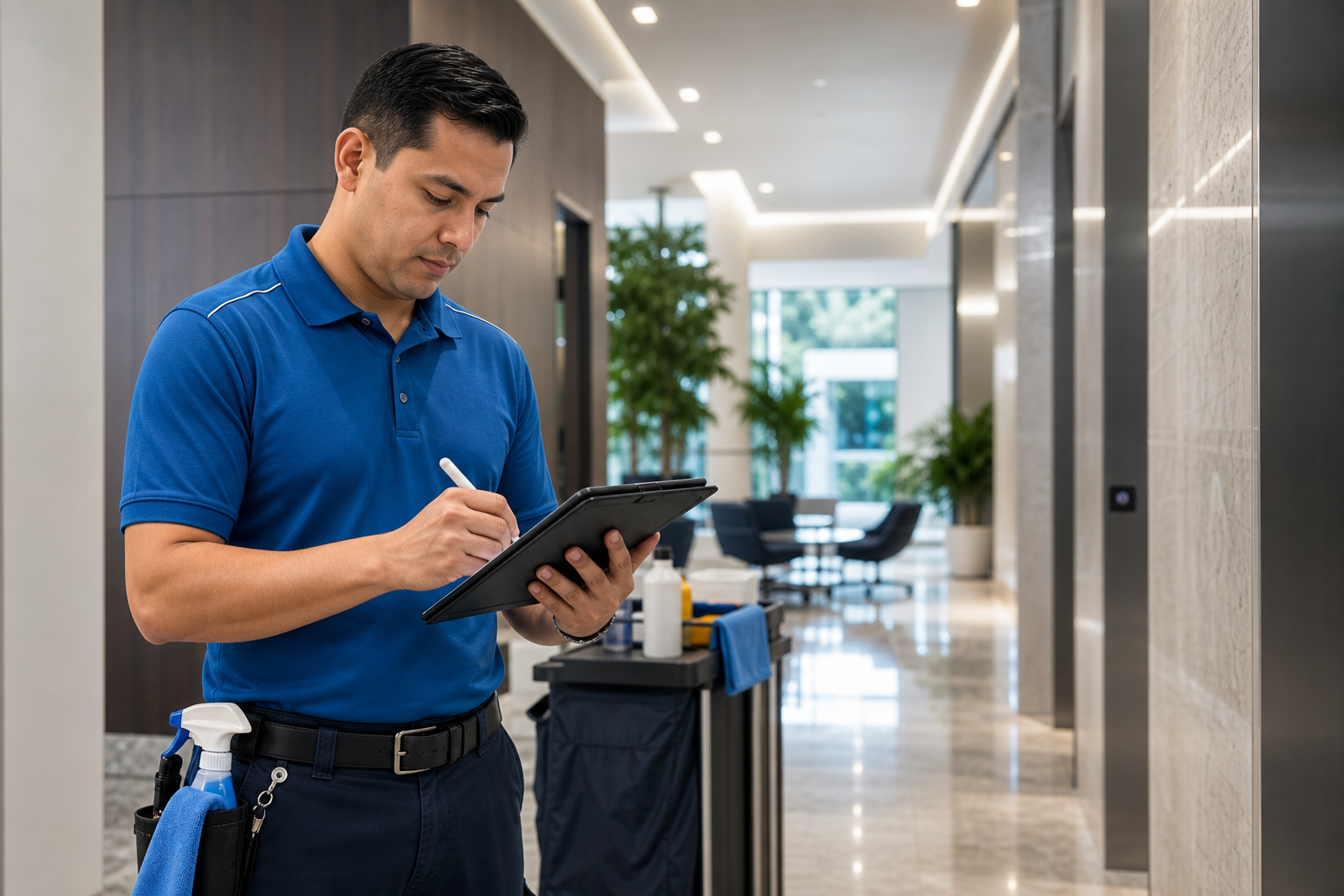 Facility services technician completing a task checklist in a commercial office building common area