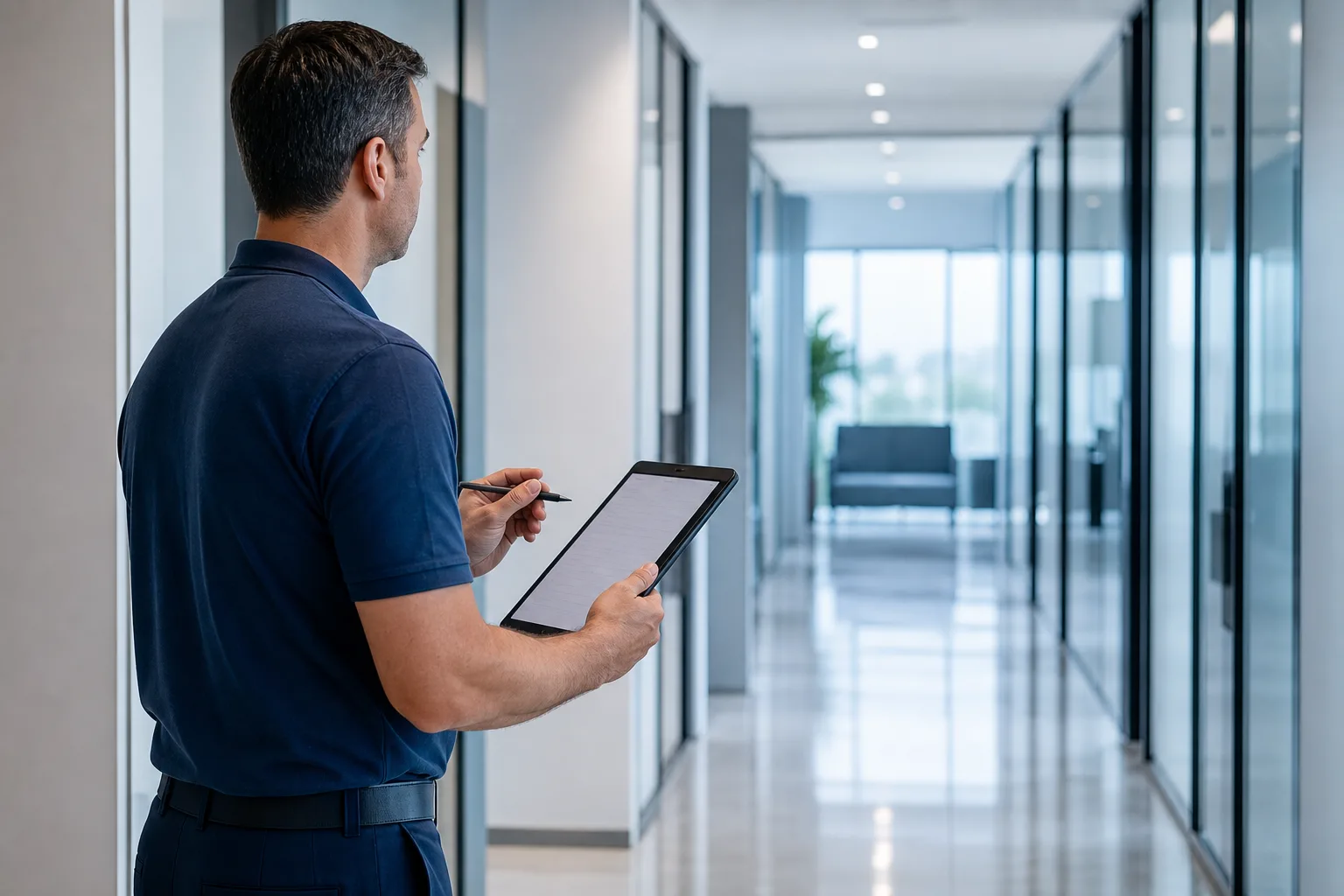 Facility maintenance supervisor conducting a documented quality control walkthrough in a commercial building hallway